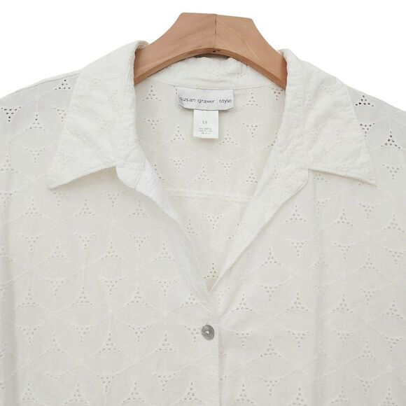 Susan Graver Style Tunic Shirt Womens 1X White Eyelet Embroidered 3/4 Sleeve - Picture 3 of 8
